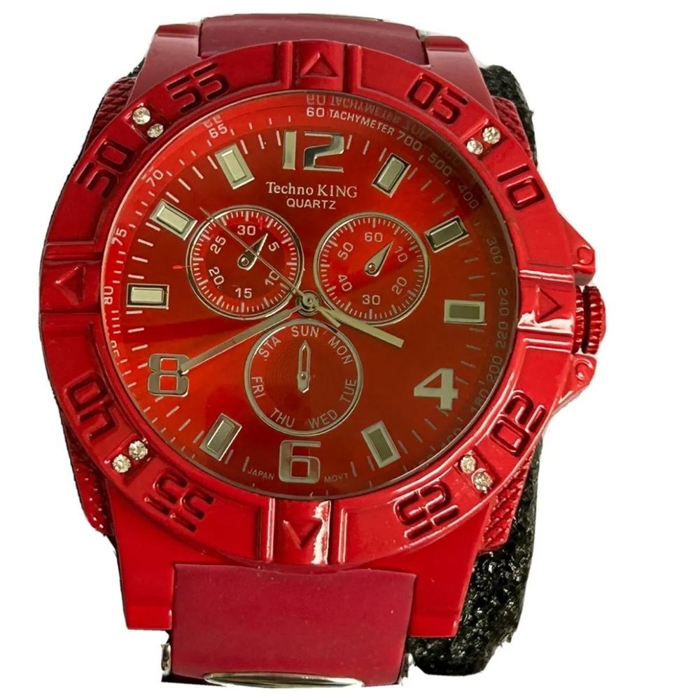 Techno King Men’s Wristwatch Red Rubber Band Sport Quartz Big Face Watch